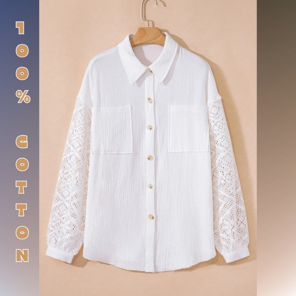 100% Cotton White Lace-Sleeve Button-Down Shirt